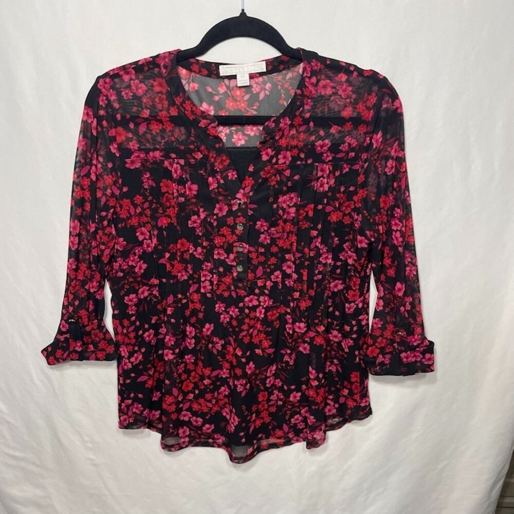 Juniper + Lime Floral Sheer Top Lined Medium Pin Tuck Roll Tab Sleeve Boho Artsy